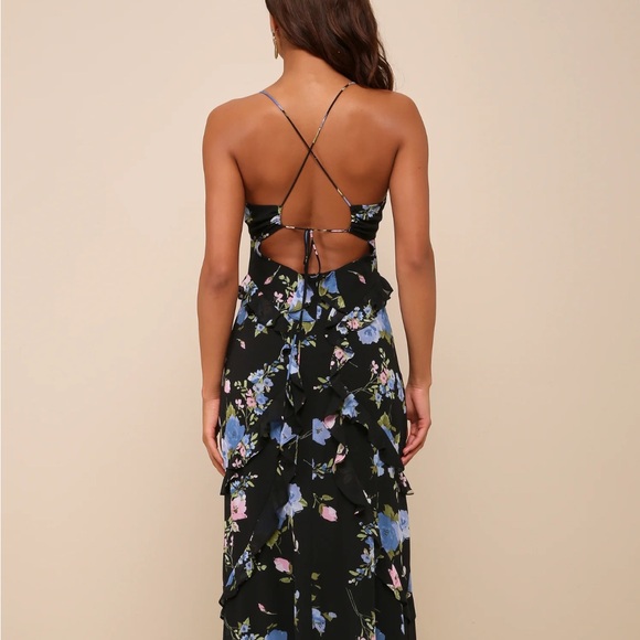 Lulus Maxi Dress Women’s M Black Floral Ruffle Lace-Up Backless Boho Fairycore - Picture 1 of 12